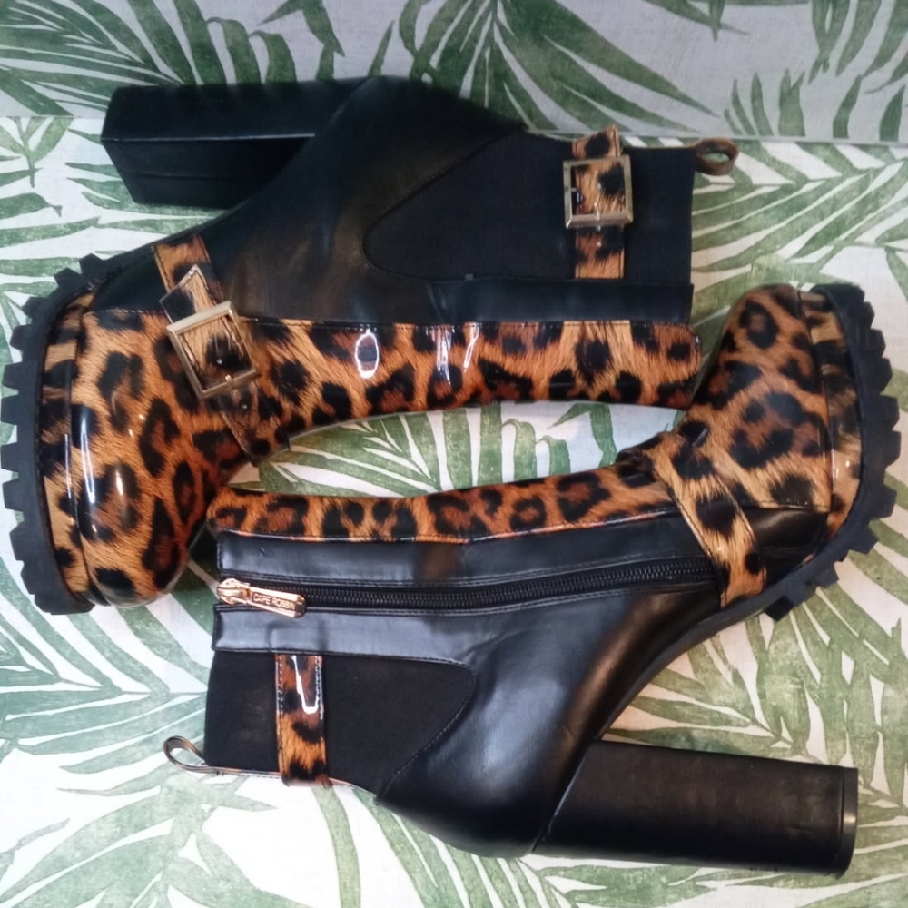 Cape Robbin Garnet leopard print heeled combat boots with gold buckles. Size 11